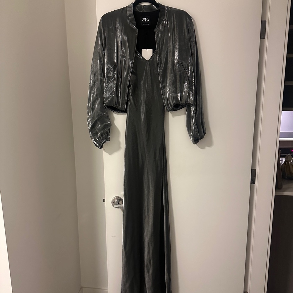 Zara Metallic Silver Jacket and Dress Set